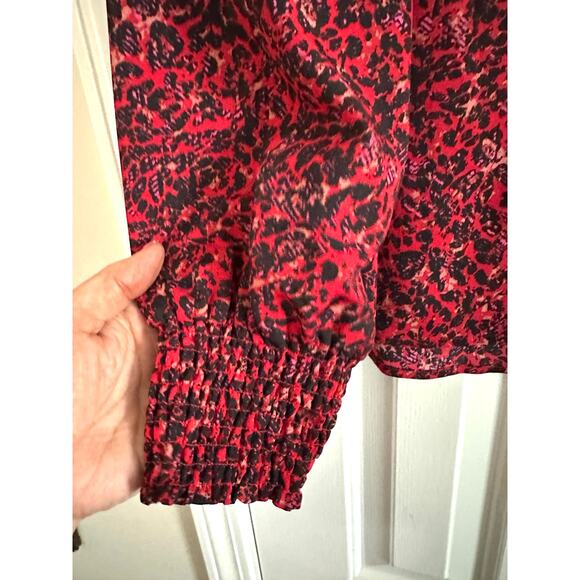 SANCTUARY Anthropologie Red Leopard Animal Print Smocked Cuff Blouse - Sz L - Picture 5 of 6